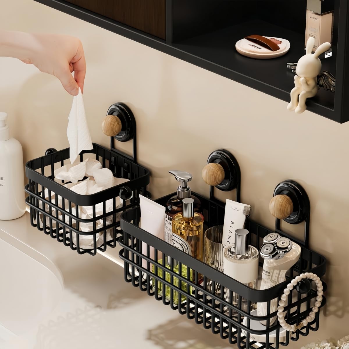 XIKEMADI Drill-Free Wall Mount Storage Basket, 11"x4.6"x3.9" Adhesive Mount Organizer for Kitchen & Bathroom, Waterproof Cotton Facial Tissue Holder for Counter (Black)