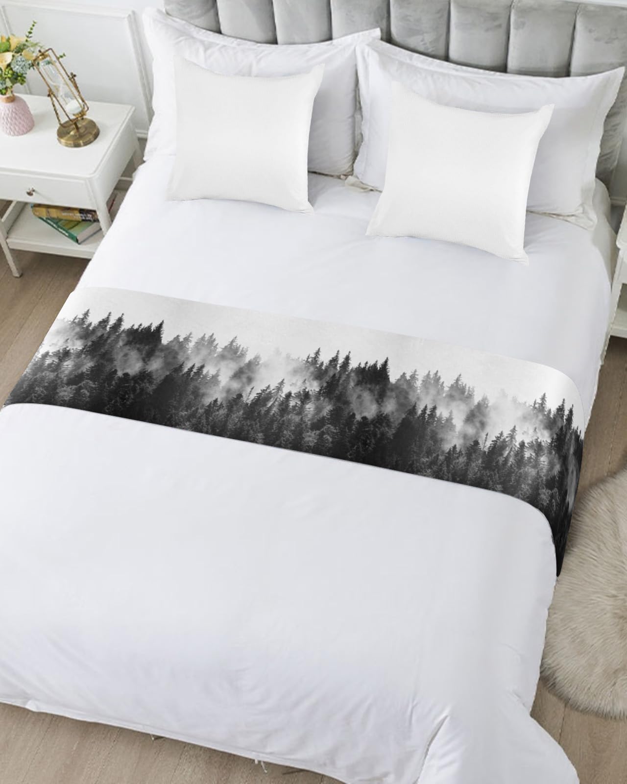 Black Forest Bed Runners for Queen Size Bed, Bed Throws for Foot of Bed, Black and White Natural Landscape Modern Abstract Art Bed Runner Sofa Throw Bedding Scarf Protector Slipcover for Bedroom