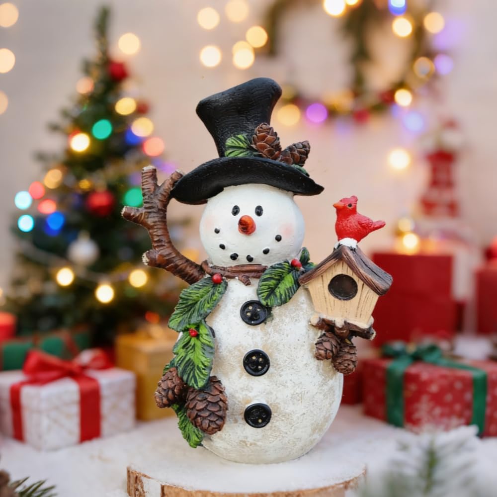 Gishima Snowman Decorations Indoor Snowman Figurines Decor Holiday Winter Ornament Christmas Figurines Table Decorations Gifts (Holding Cardinal)