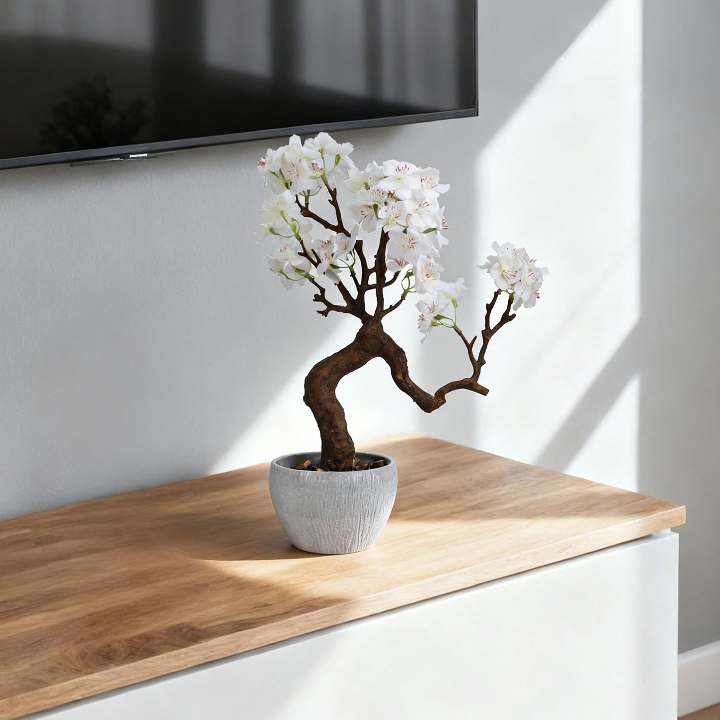 TOARTi Artificial White Cherry Blossom Potted Plant with Stone Pot, 12.2" Tall Fake Flowers Faux Plant Desk Decor, Decorative Plants Indoor Decor for for Home Bedroom Bathroom Office Desk