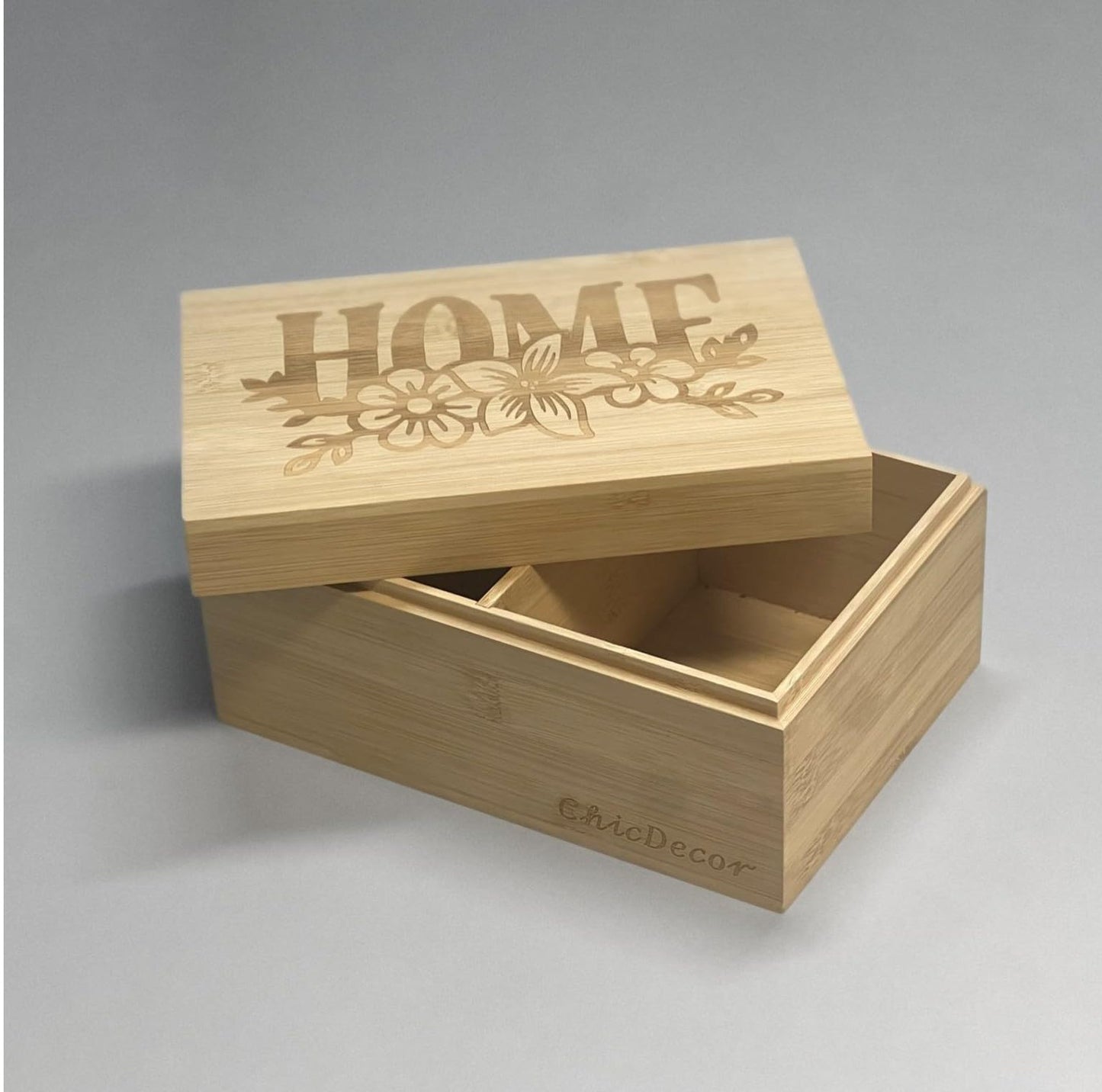ChicDecor Bamboo Wooden Storage Box with Lid – Natural Wood Organizer with Removable Divider, 8.66 x 5.91 x 3.94 Inches – Decorative Jewelry, Kitchen, Bathroom & Home Organizer