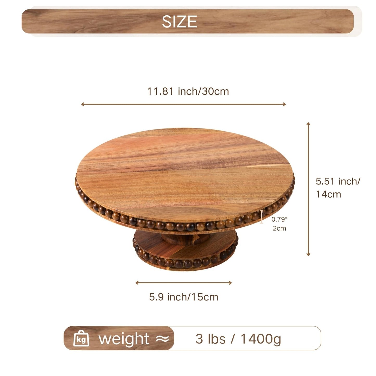 THORNIA Acacia Wood Cake Stand with Handcrafted Beaded Edge - 12 inch Round Decorative Tray & Display Stand for Wedding, Rustic Home Decor, Centerpiece, Desserts, Vanity or Coffee Table