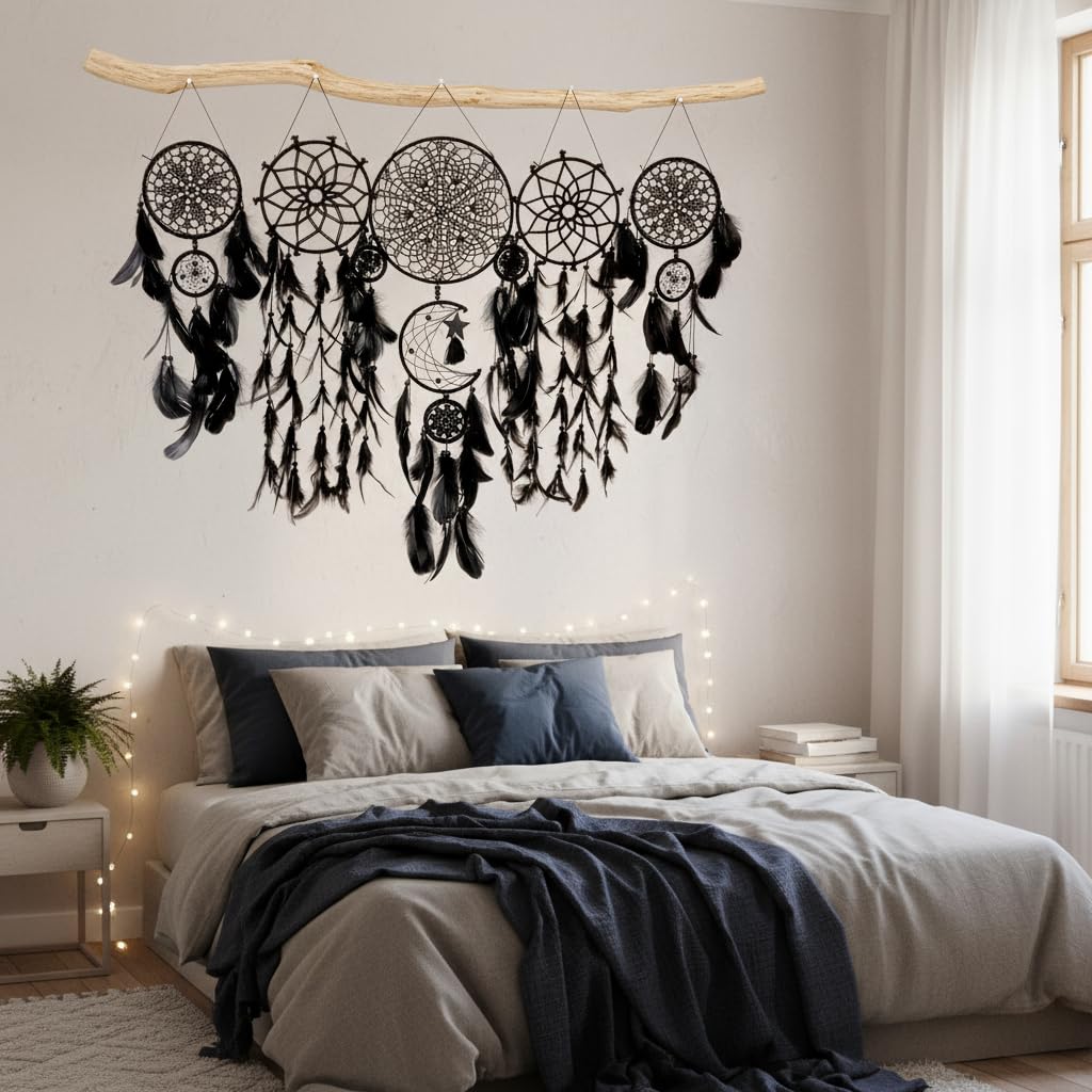 5 Pack Black Dream Catchers Boho Wall Decor Macrame Wall Hanging Large Moon Phase Handmade Traditional Dream Catcher for Bedroom Adult Living Room Home Halloween Decorations,Witchy Gifts(Black Set)