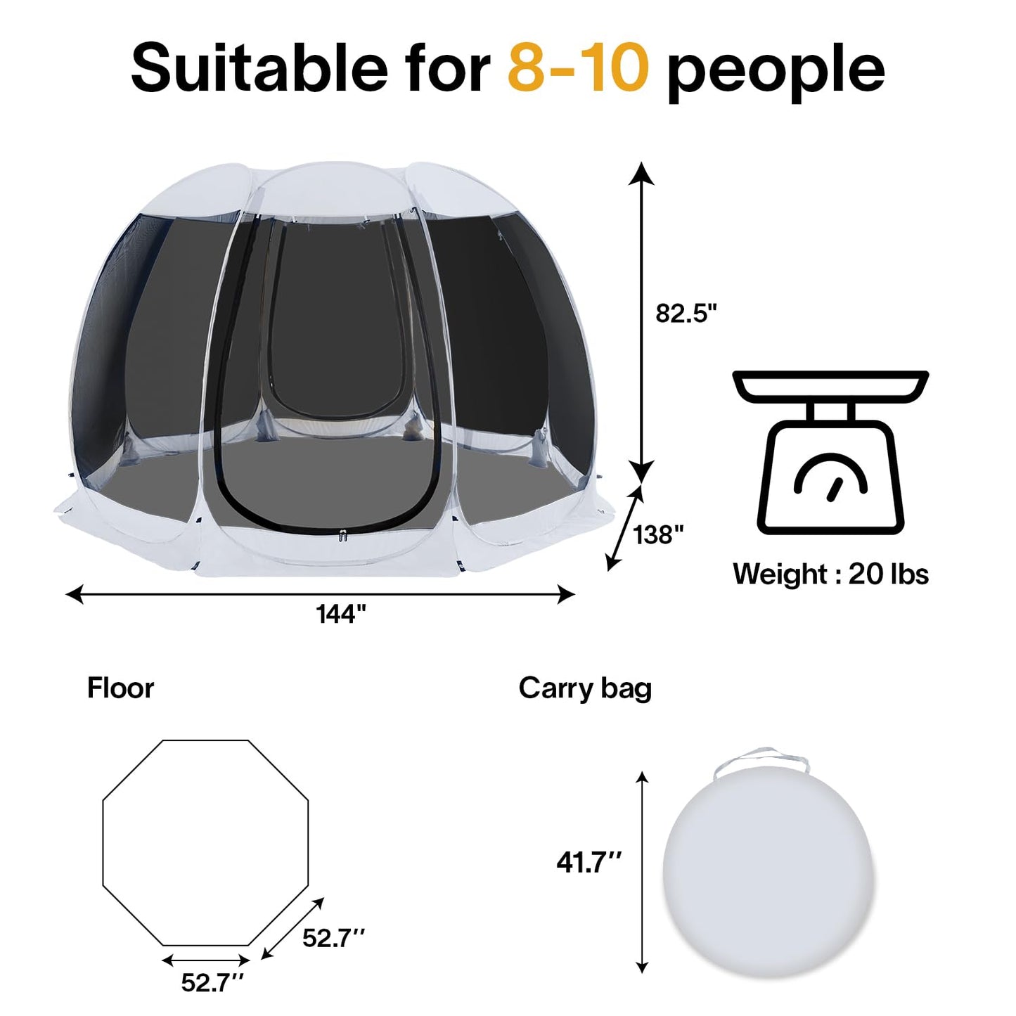 Alvantor 12'x12' Pop Up Screen House Tent, Instant Outdoor Gazebo with Mosquito Netting & UPF 50+ Sun Protection, Portable Canopy Shelter for Patio, Backyard, Camping (8-10 Person),Grey