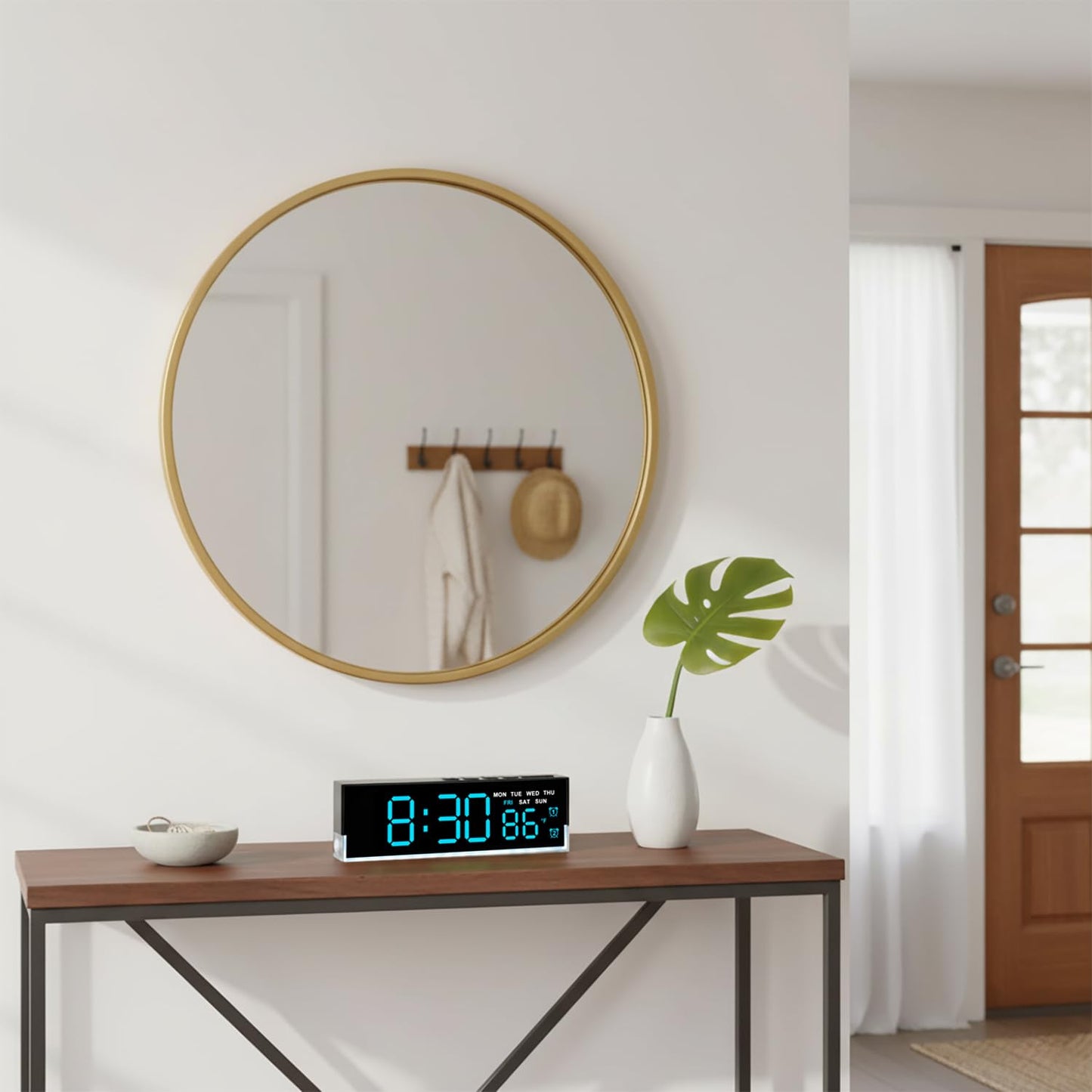 JENLYSTIME 7 Inch LED Digital Alarm Clock with Dual Alarms & Bottom Glow｜Displays Time, Date, Day, Temperature｜3-Level Auto/Manual Brightness, DST, USB or Battery Powered Modern Desk Clock (Blue)
