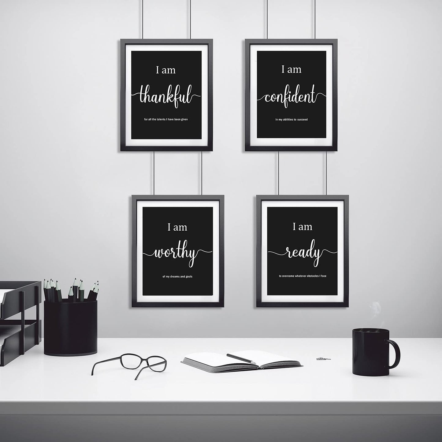 Outus 9 Pieces Inspirational Motivational Wall Art Office Bedroom Wall Art,Daily Positive Affirmations for Men Women Kids Inspirational Positive Quotes Sayings Decor(Black)