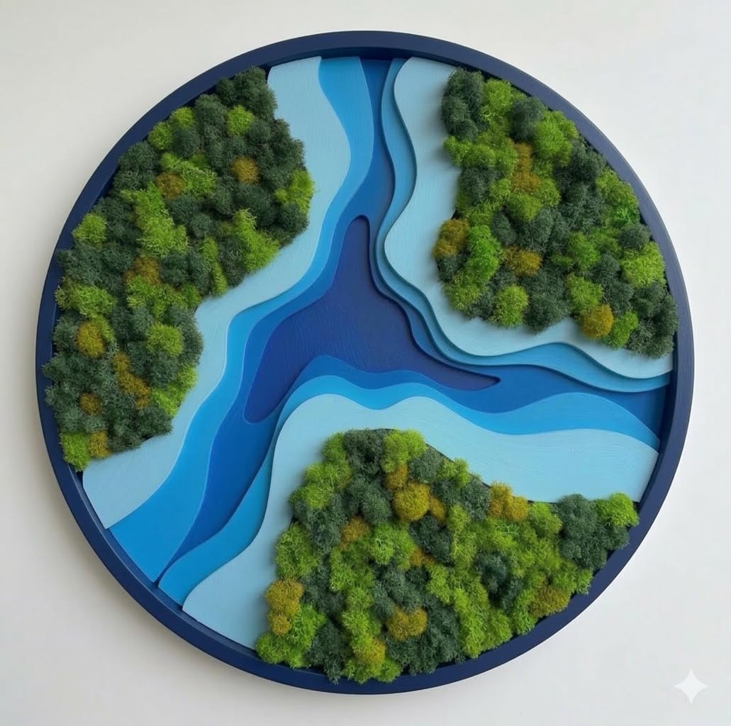 NEODECO Amazon Parametric Moss Wall Art – 3D Layered Wooden Wall Decor with Preserved Moss, Modern Topographic Design, Acoustic Nature Inspired Wall Panel for Living Room, Office or Bedroom (Round & Square) (Round, Small)