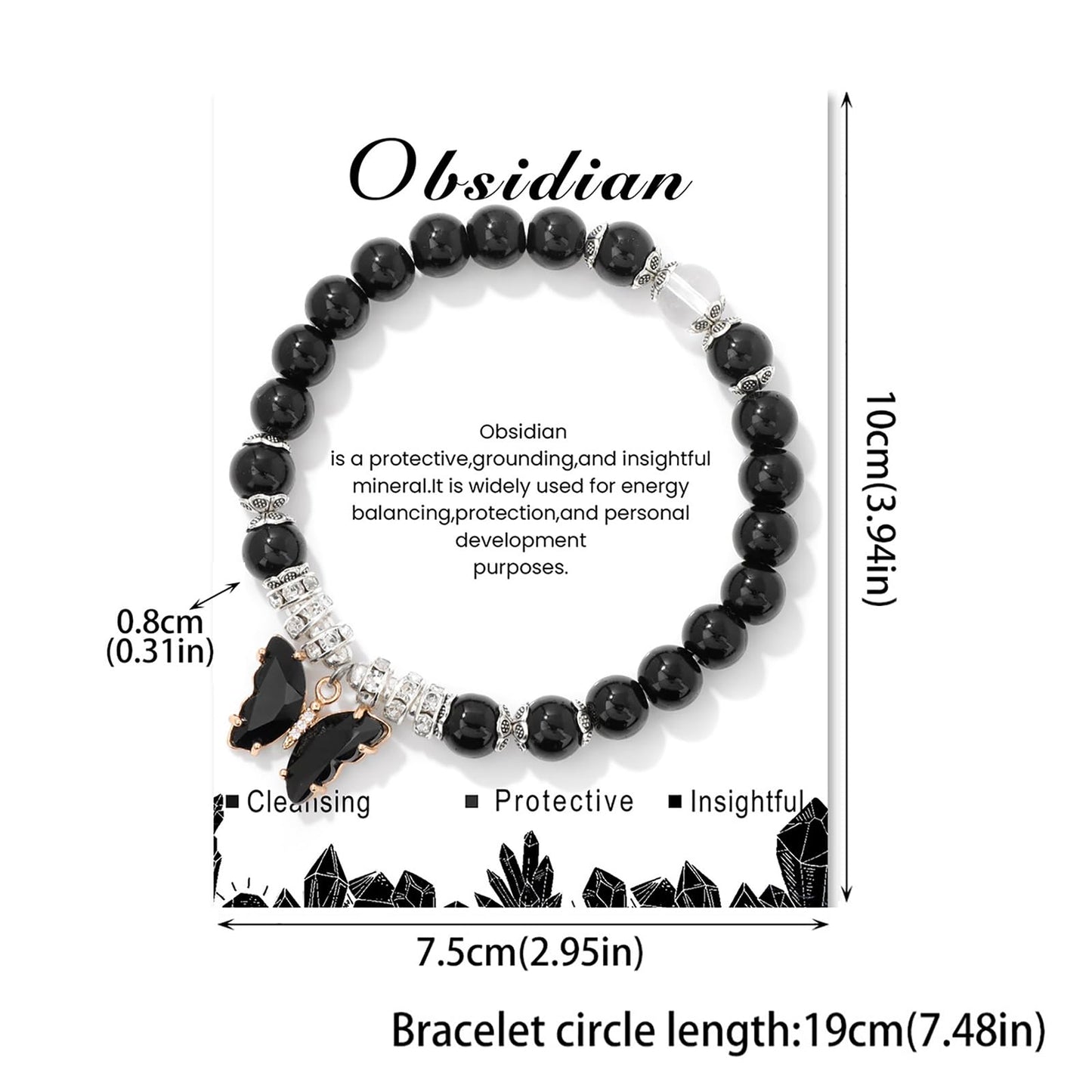 Black Tourmaline Bracelet for Women 8mm Adjustable Butterfly Charm Bracelet Black Crystal Bracelet Obsidian Bracelet Black Onyx Bracelet Black Obsidian Jewelry for Women