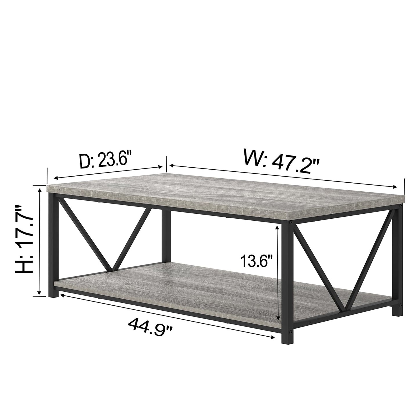 FOLUBAN Coffee Table, Modern Rectangle Living Room Table with Storage Shelf, Rustic Wood and Metal Center Table, Light Grey, 47 Inch