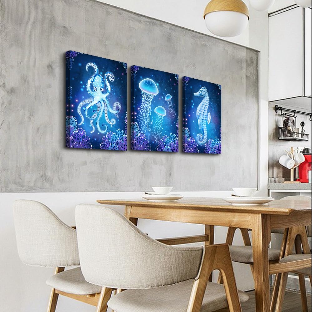 DZRWUBHS Wall Art Paintings For Bedroom Living Room Wall Decor Blue Ocean Life Theme Art Prints Wall Artworks Sea Animal Sea Horse Octopus Jellyfish Pictures Bathroom Home Decor Posters 3 Panels