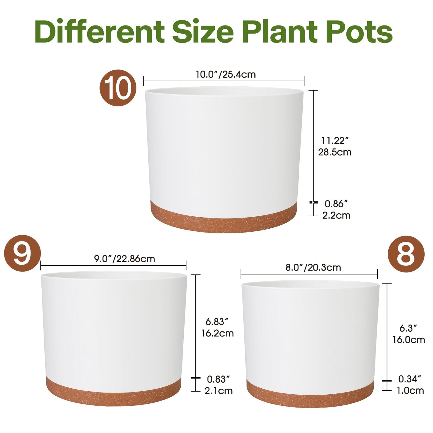 GARDIFE 10/9/8 Inch Modern Cylinder Planter, Plant Pots for Indoor Outdoor Plants, Flower Pots with Drainage Holes and Saucers for Garden Succulent Nursery House Plants (White-Brown)