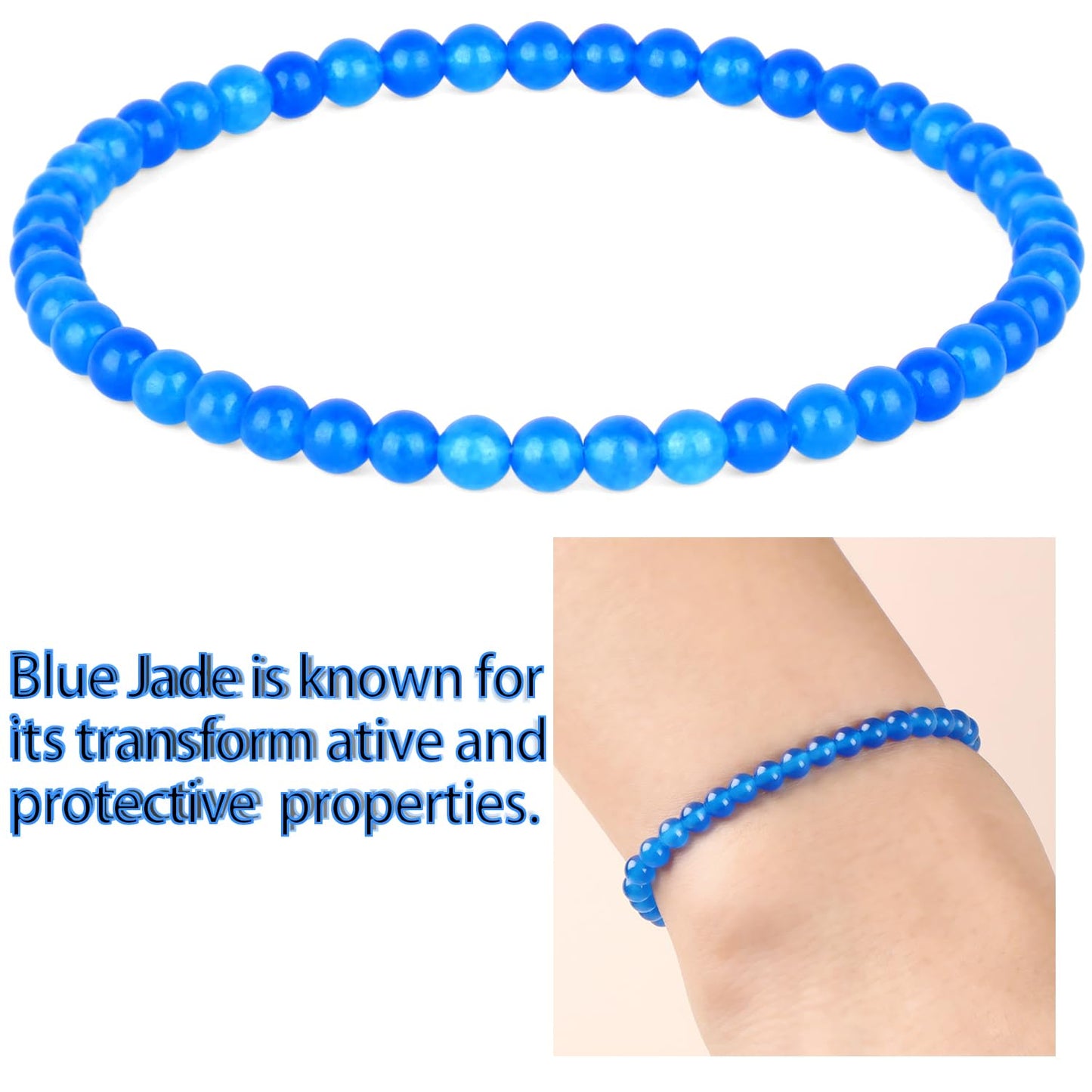 QOGIR Handmade Healing Bracelets,4mm Blue Jade Bracelet - Transformation and Protection - Stone Beads Stretch Bracelet for Women Men