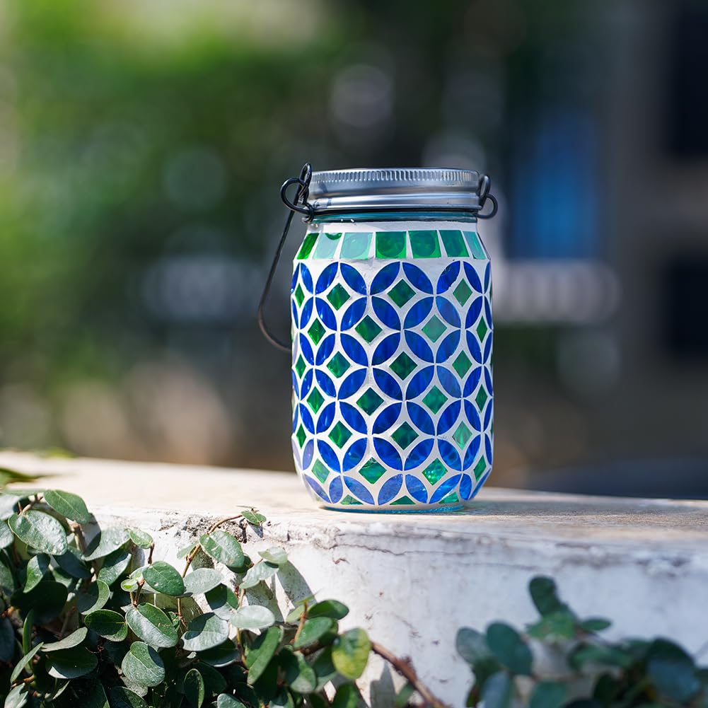 Stargarden Mosaic Solar Lantern , Outdoor Hanging Lantern Waterproof Table Lamp Mosaic Night Light for Tree, Garden, Patio, Yard, Outdoor(Blue Green)