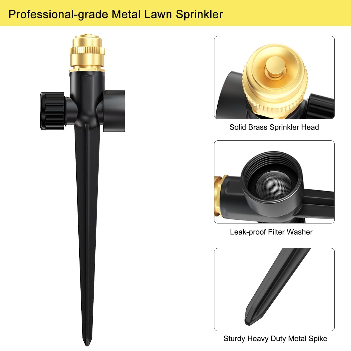 FANHAO Metal Lawn Sprinkler for Yard, 2 Pack Automatic Garden Water Sprinkler on Spike Base, Adjustable Brass Sprinkler Nozzle 360 Degree Large Area Coverage for Lawn Grass Patio Garden Irrigation
