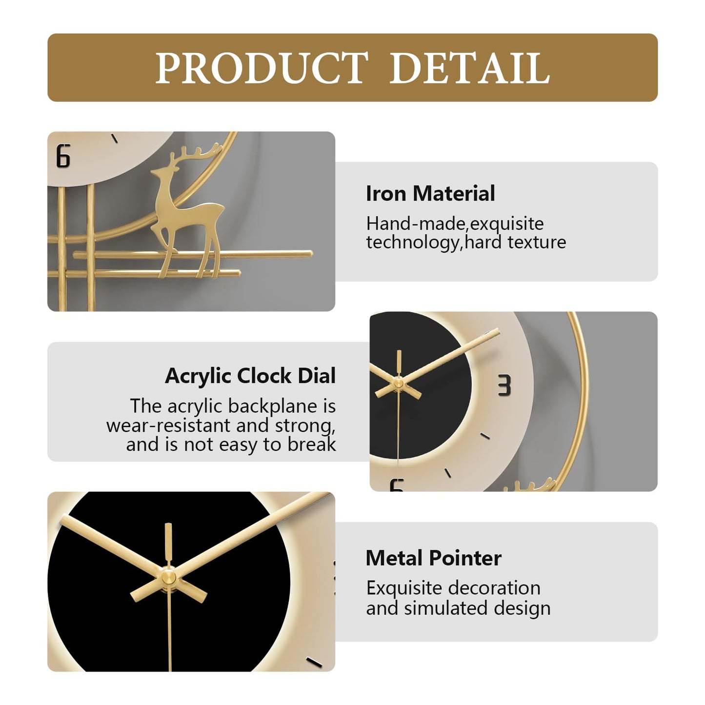 HEBOIX Modern Wall Clock for Living Room,Large Gold Decorative Wall Clock with Light,Creative Silent Clock Battery Operated for Kitchen/Entryway/Bedroom/Office/Dinning Room Metal Wall Decor