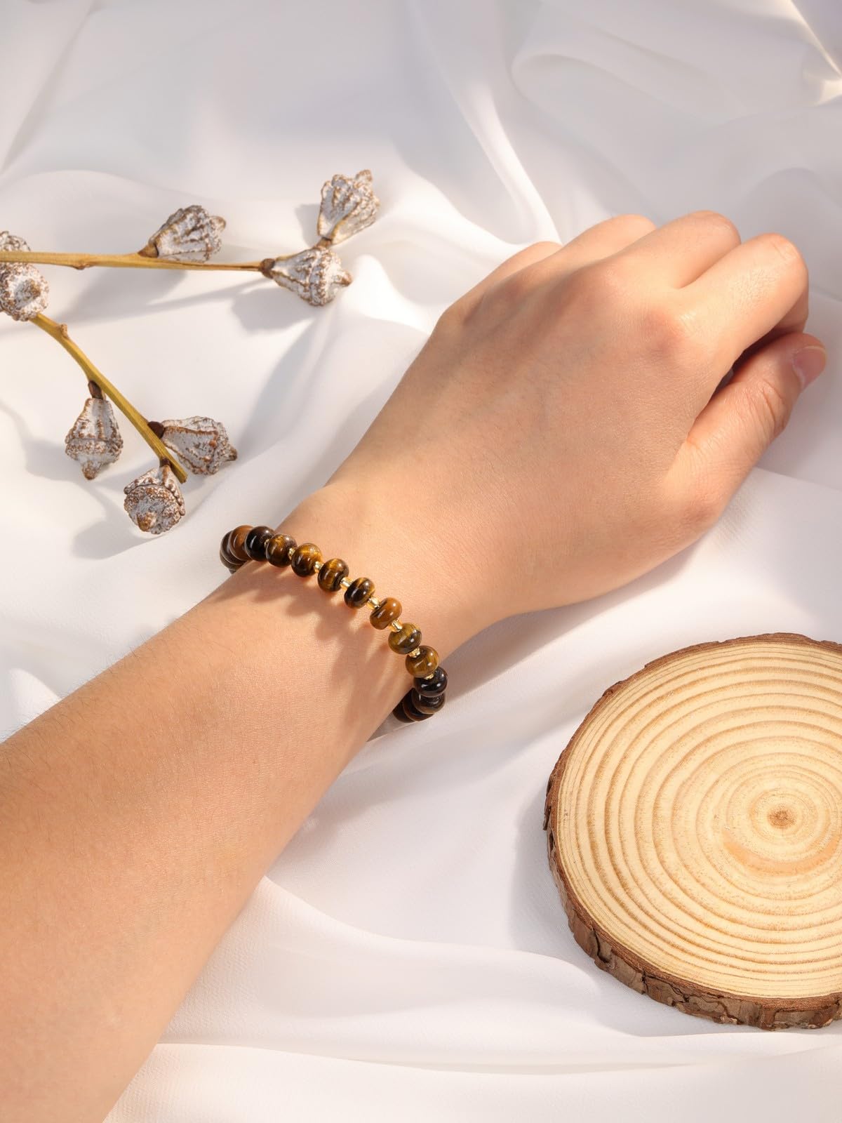 PESOENTH Tiger Eye Bracelet Women,Healing Crystal Natural Stone Brown Beaded Bracelets Tigers Eye Gemstone jewelry Gifts for Women Ladies
