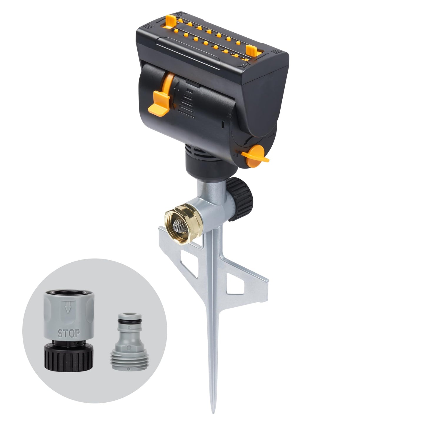 Melnor 65137AMZ MiniMax Turbo Oscillating Sprinkler on Step Spike, 4000 sq. ft., 4-Way Adjustable, Quick Connect Bundle, Yellow