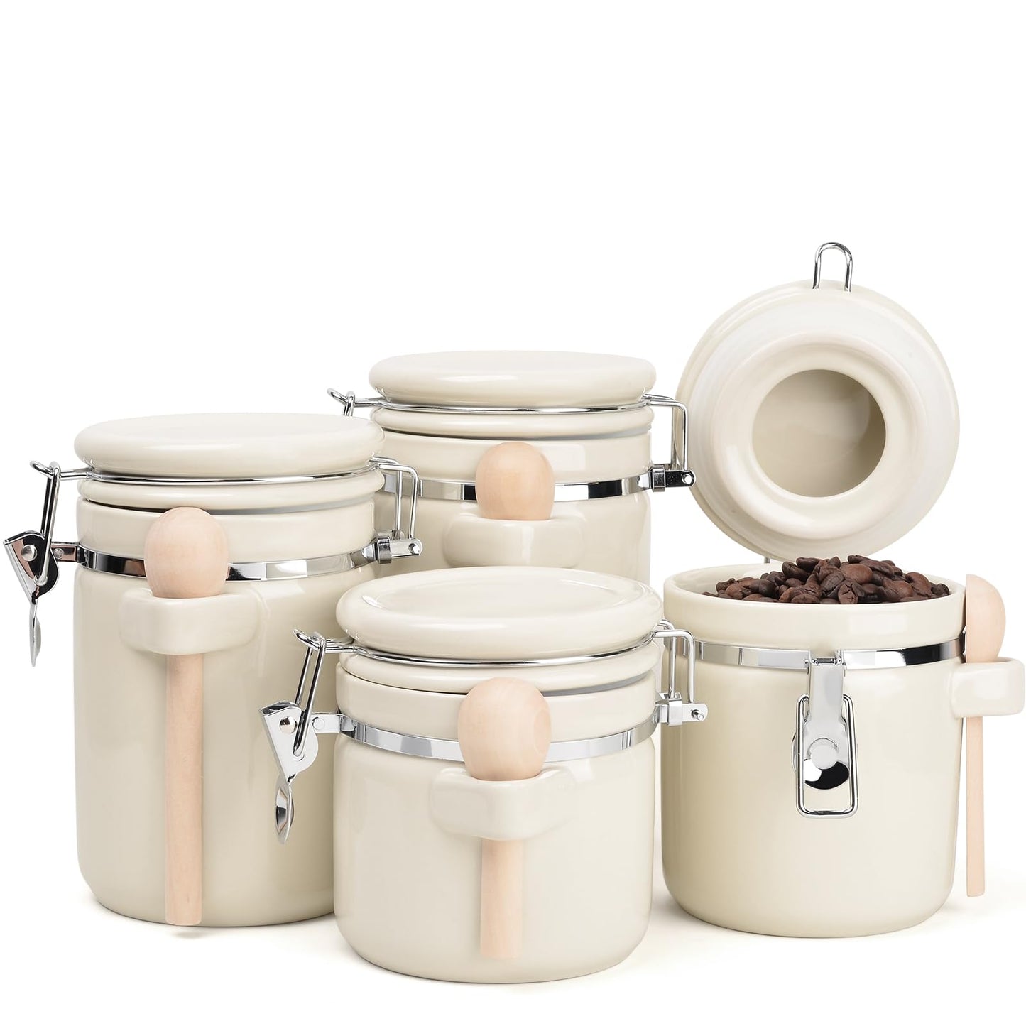 ZEBERBO 4-Piece Airtight Ceramic Canisters Set with Wooden Spoons & Chalk Labels – Perfect for Coffee, Sugar, Flour, Tea (Cream) – Stylish & Leakproof Kitchen Storage
