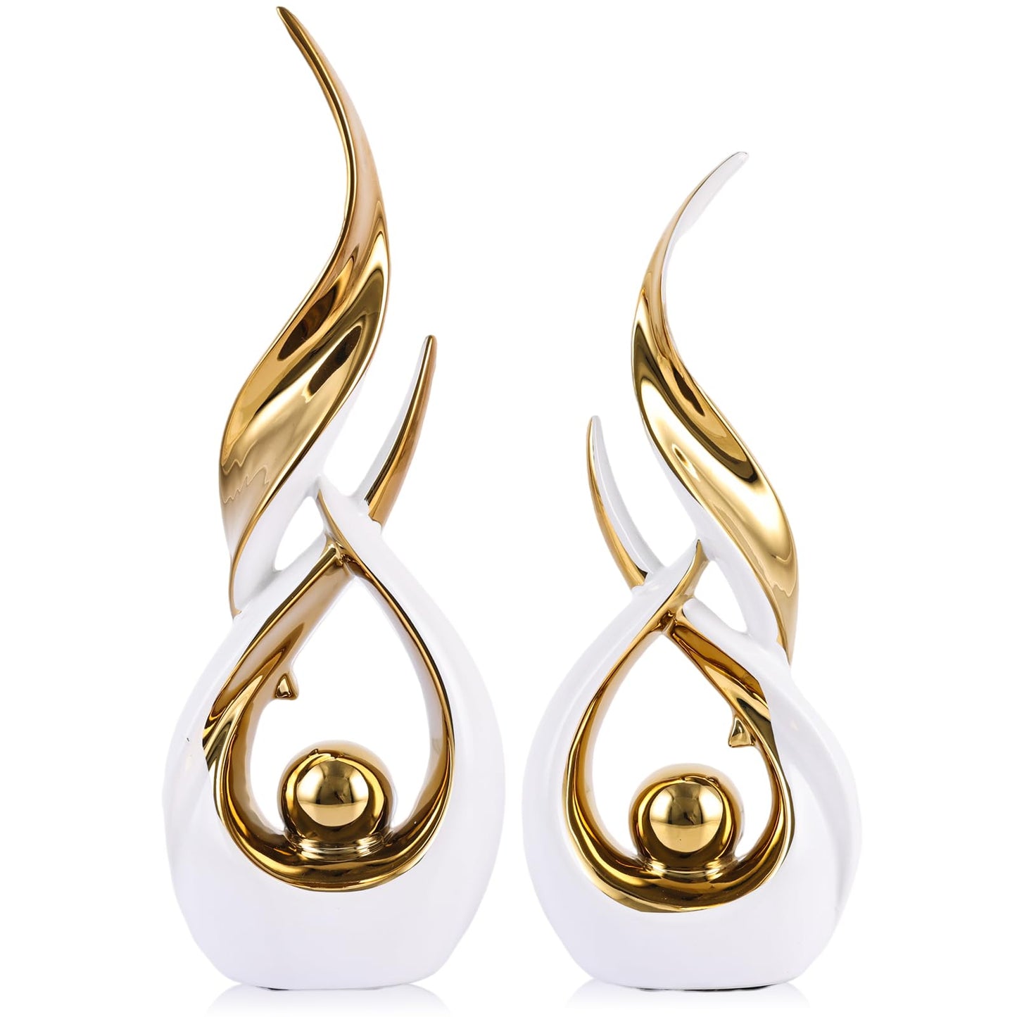 Gold Ceramic Abstract 2 Piece Statue Set,Mid Century Modern Abstract Art Home Decor Statue Mantelpiece on Unique Shelf Decor, TV Cabinet Divider Table top and Dining Table Centerpiece (White Gold)