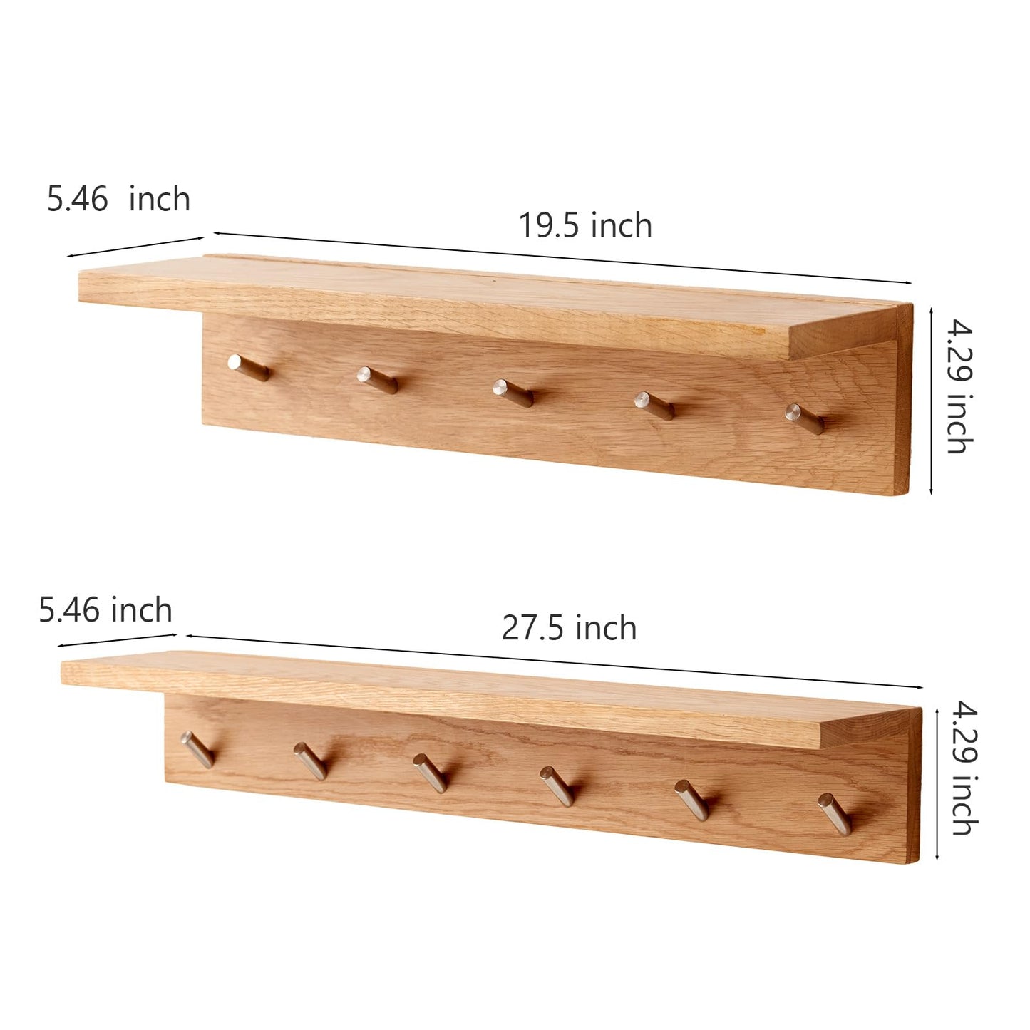 Oak Wood Wall Shelf with 6 Hooks, Entryway Shelf Coat Rack with Hooks Floating Shelves with Hooks for Clothes Hats Towel Purse Robes, Bathroom Mudroom Bedroom (27.5 inch)