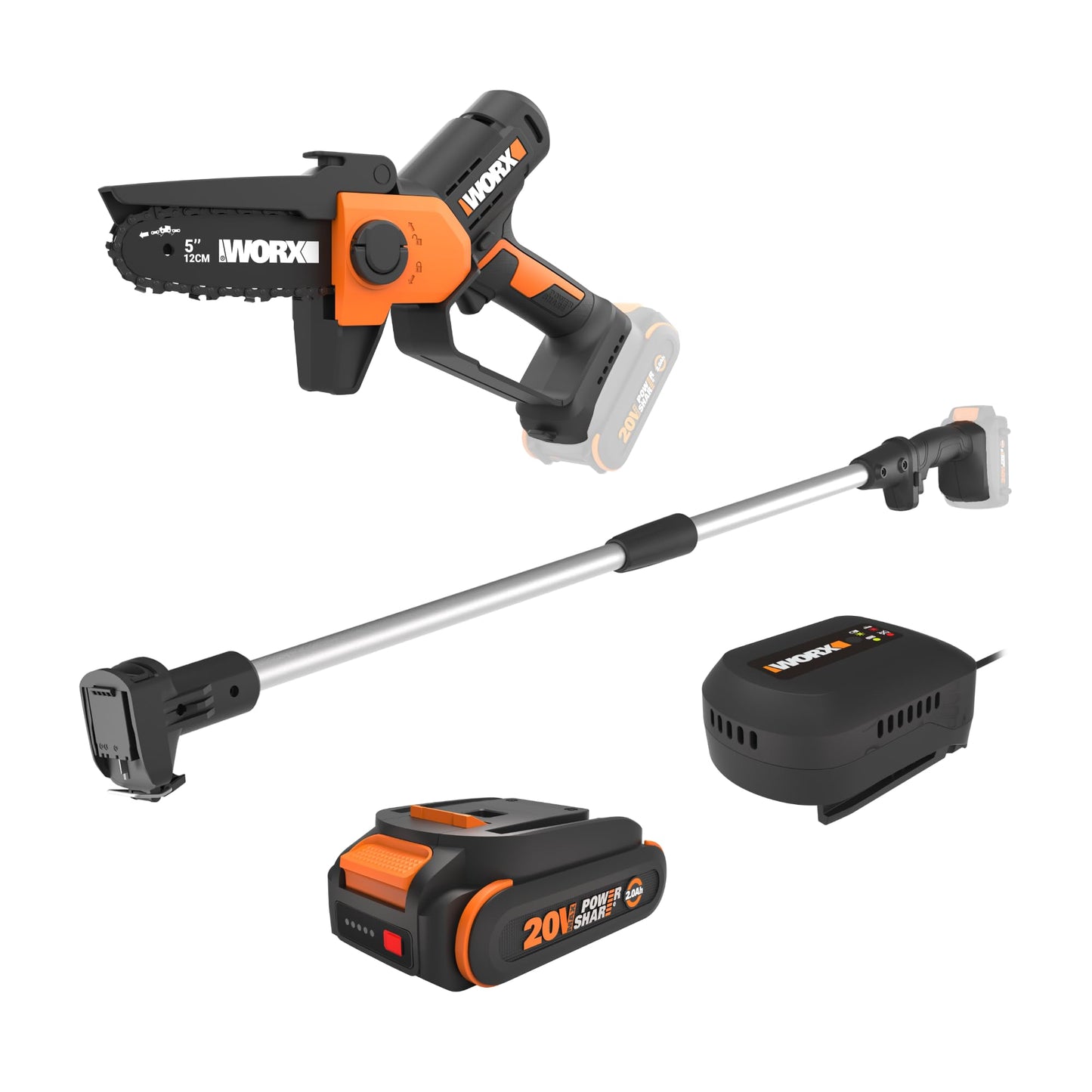 WORX Pole Chainsaw, 20V 5'' Pruning Saw with extension pole, Reach up to 9 ft, 25 ft/s Chain Speed, Includes 20V 2.0 Ah Battery and Charger, PowerShare,WG326.1
