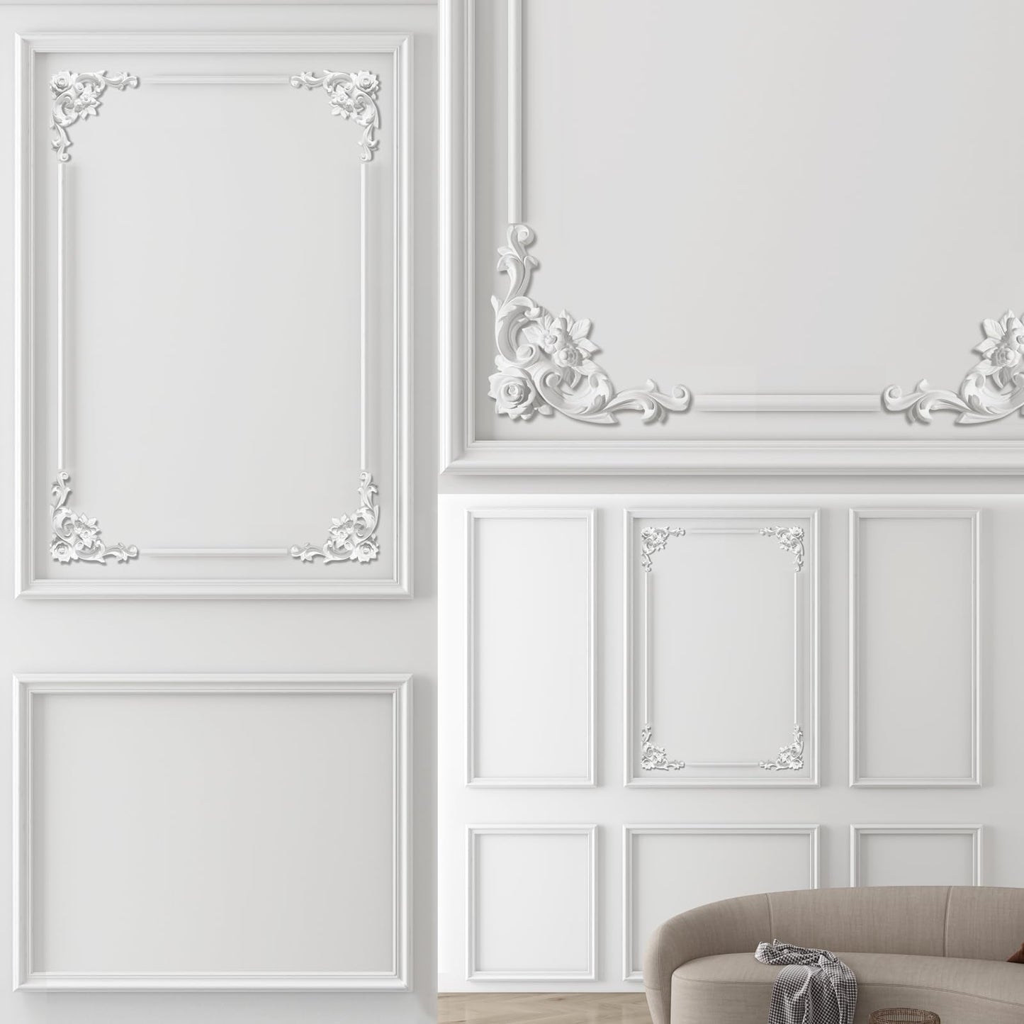 OUZUGIE 3 Set Wall Molding Kit with Flower Corner Pre-Cut Wainscoting Panels for Interior Wall Decor - Installed with Glue(Not Including) 3 Top 3 Bottom