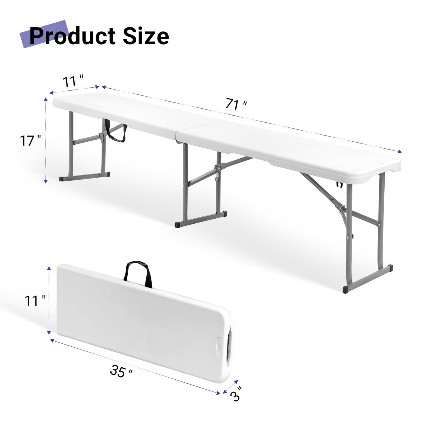 Byliable Folding Bench 6 Foot, Plastic Folding Bench Seat Portable Foldable Picnic Party Camping Dining Seat, White Garden Multipurpose Entertaining Activities