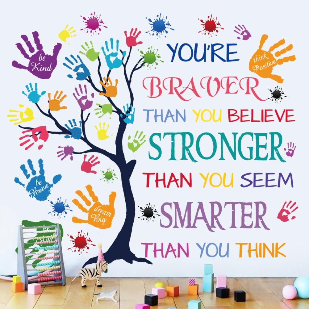 Colorful Inspirational Quote Wall Decal-You’re Braver Than You Believe, Stronger Than You Seem, Smarter Than You Think, Motivational Quote Phrases Wall Sticker Kids Room Nursery, Classroom Decor.