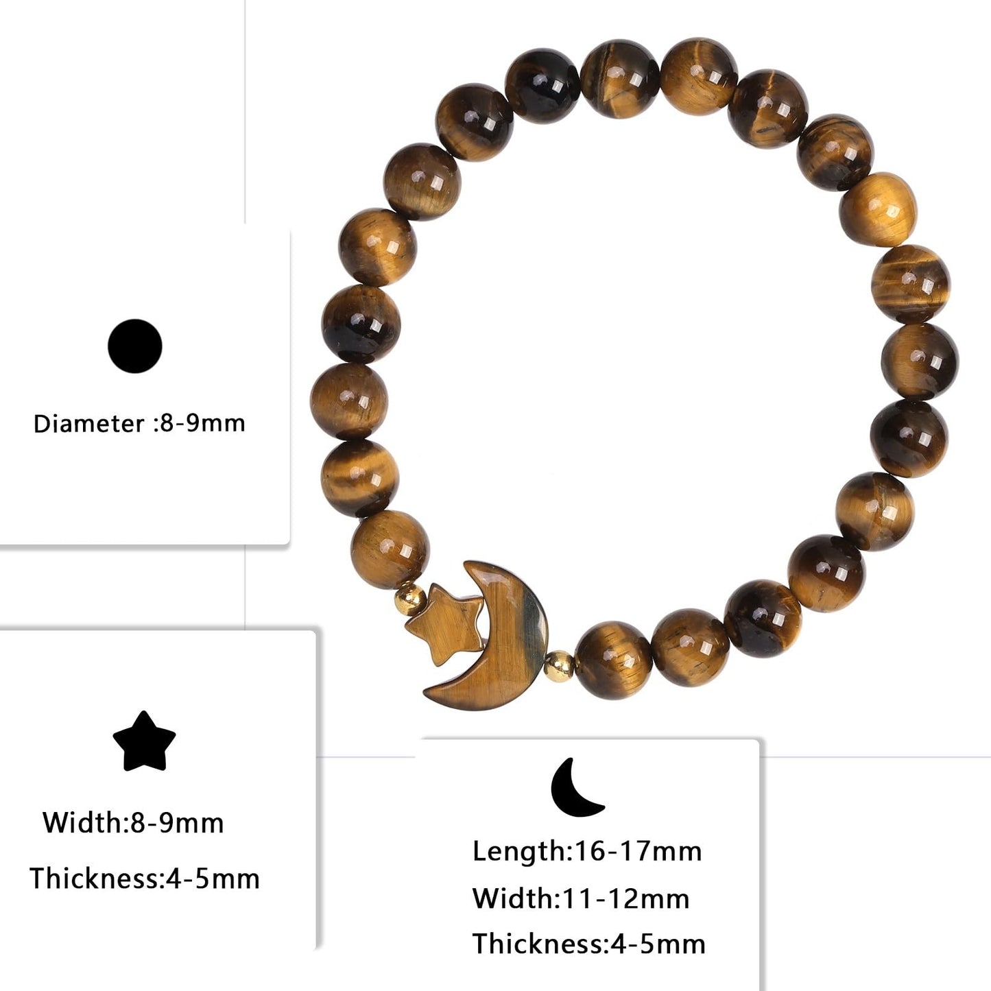 TUMBEELLUWA Half Moon Star Crystal Bracelet Healing Stone 8mm Beads Handmade Stretch Charm Jewelry for Women Spiritual, Tiger's Eye Stone