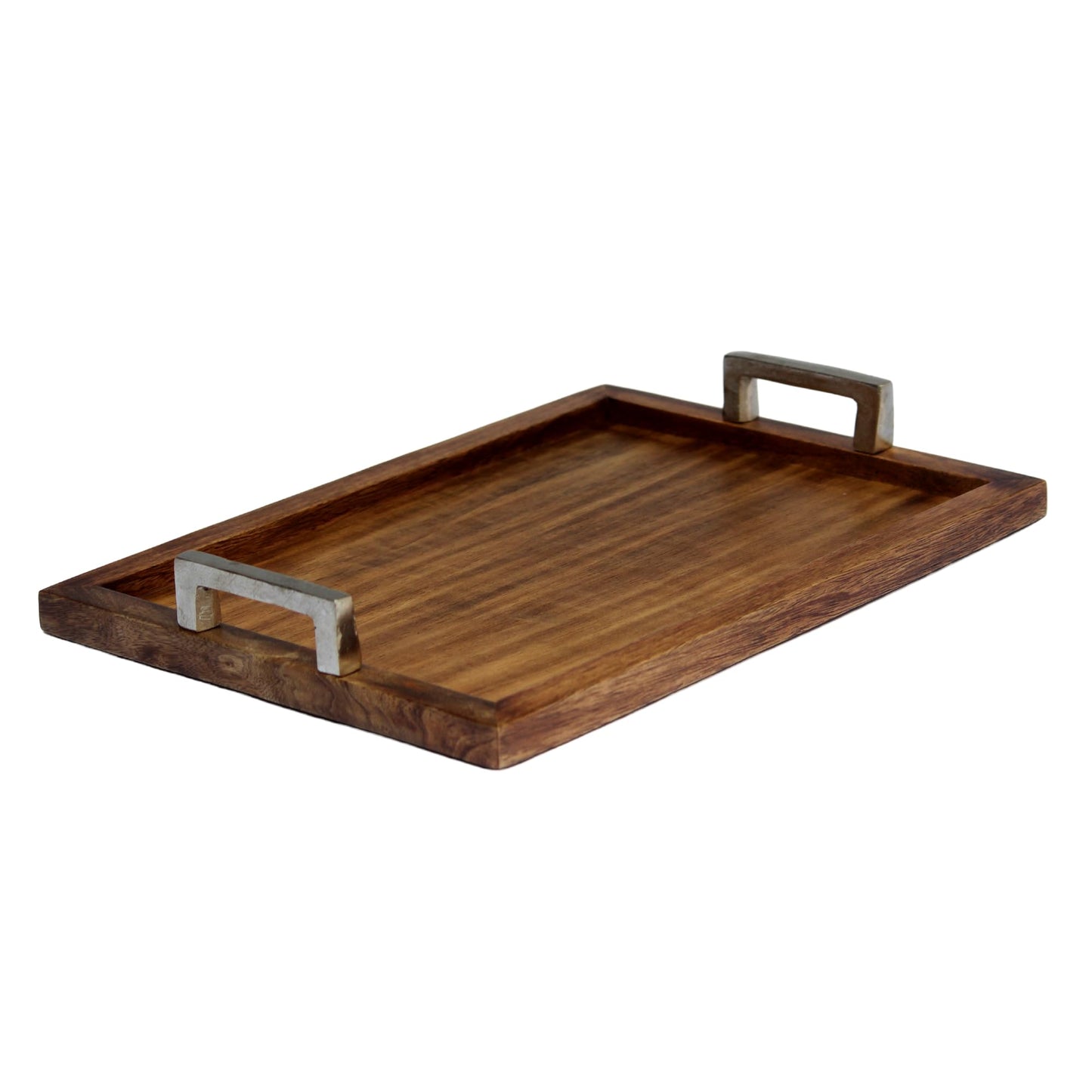 Premium Wooden Serving Tray with Aluminum Handles | Handcrafted Solid Wood Decorative Tray for Kitchen, Dining & Coffee Table | Large Rustic Breakfast Tray | Multipurpose Food & Drink Server