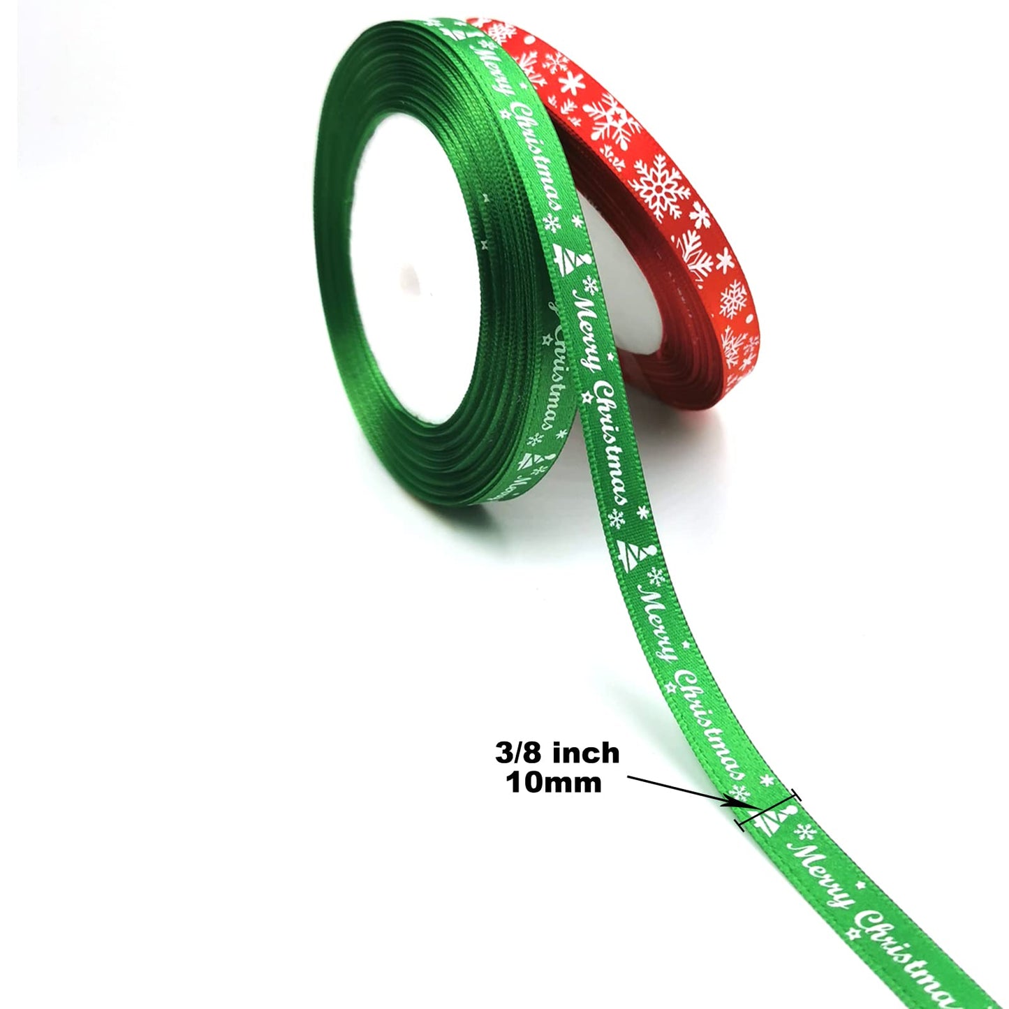 50Yards Christmas Ribbon Red and Green Satin Ribbon 3/8 Inch Holiday Gift Wrapping Ribbon Set with Marry Christmas Snowflake Pattern for Party Decor Christmas Tree Ornaments (25yard/roll,2rolls)