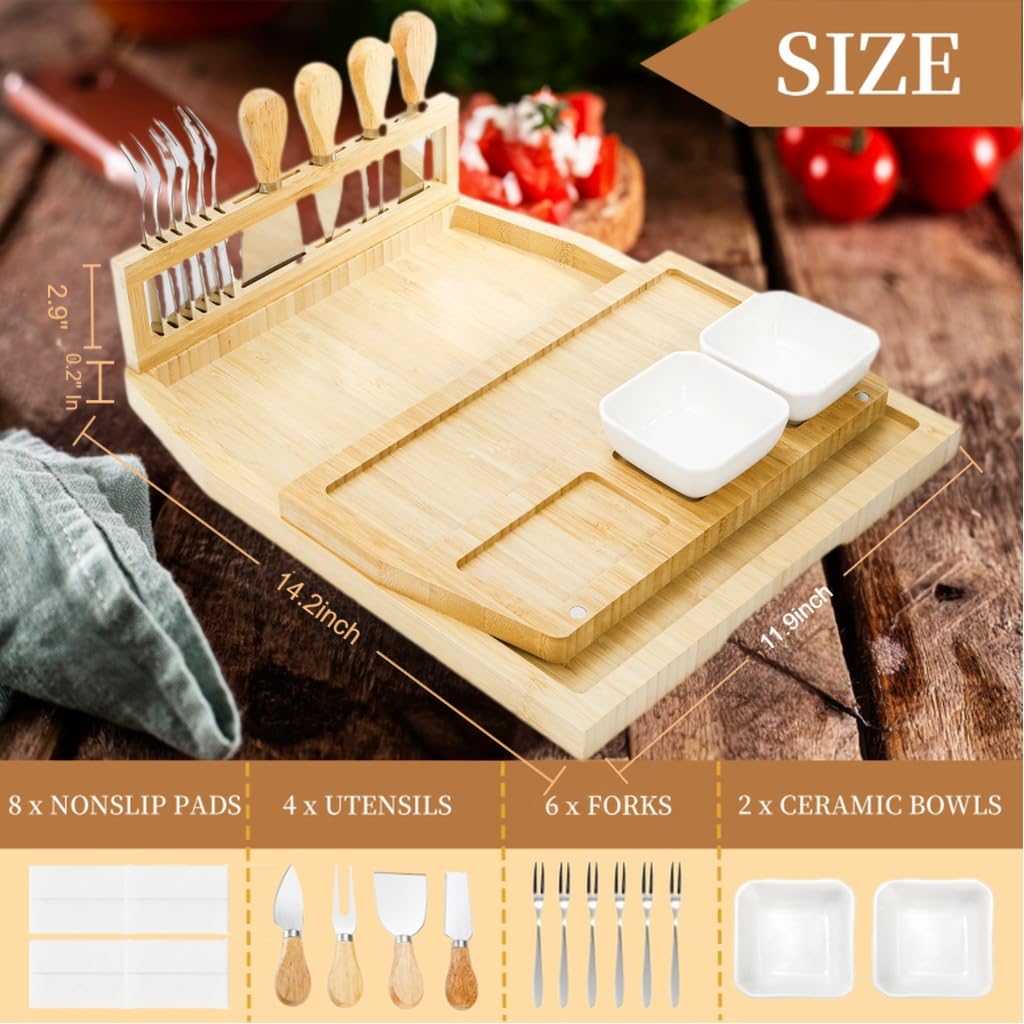 WRINGKIT Charcuterie Cheese Boards Set, Bamboo Cheese Tray Platter with Knife Bowls, Lightweight Meat Cheese Board, Cheese Utensils Included, Unique Wedding for Couple
