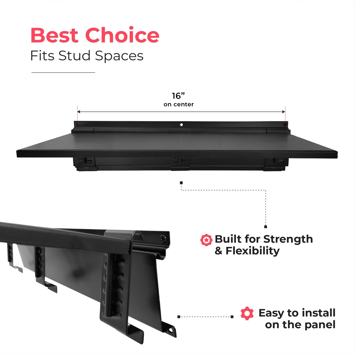 TIDYME Heavy-Duty Garage Wall Storage System | Wall Mounted Tool Organizer Rack with Shelving | 10-Piece Mounting Kit | Includes 4x10” Double-Layered Hooks & 2x16.5” Floating Utility Shelves