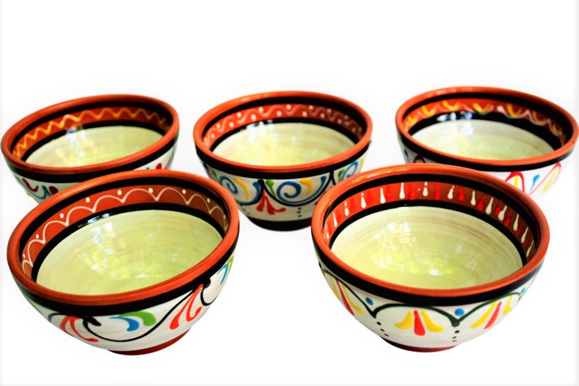 Cactus Canyon Ceramics Salsa Bowls - Spanish Terracotta White Decor - Small Serving Bowl (European Size), Festive Dinnerware 5 Piece Set - Dishwasher & Microwave Safe