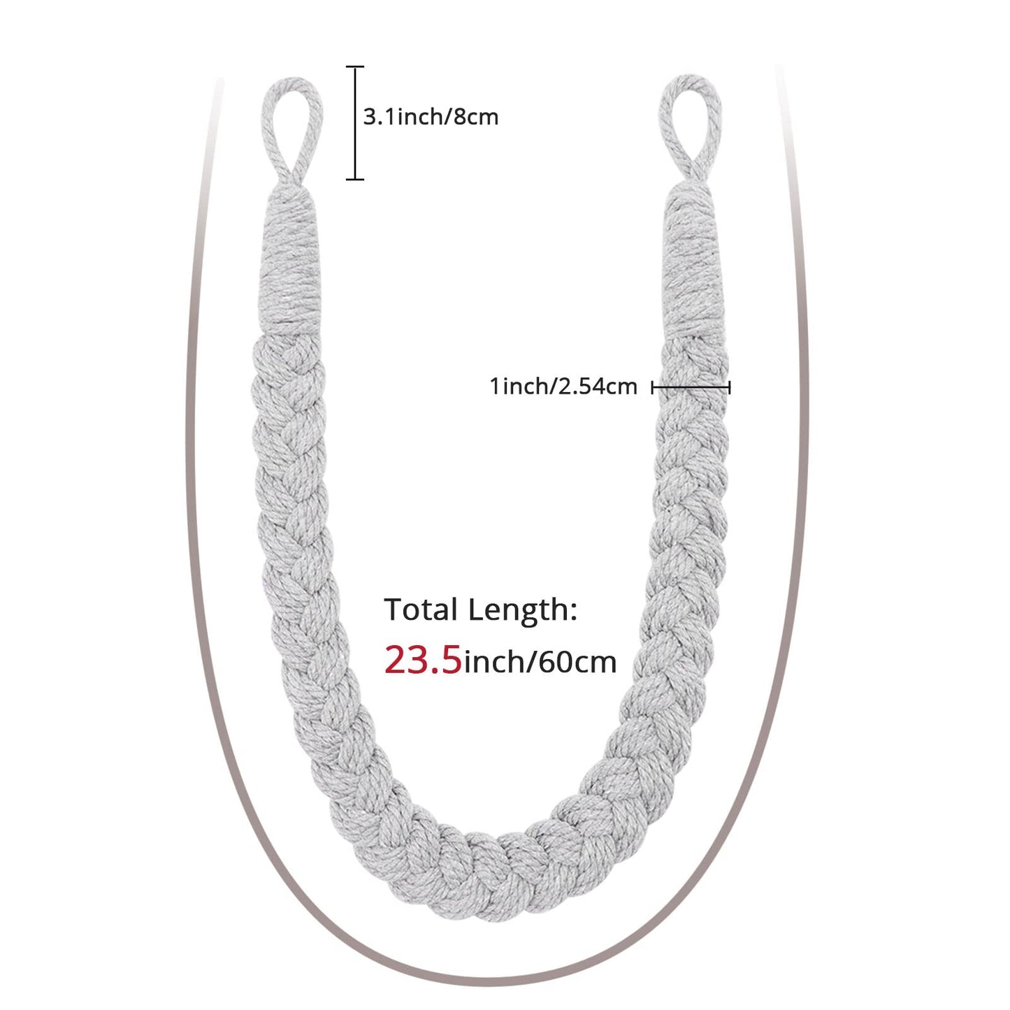 NICEEC 2 Pack Natural Cotton Rope Curtain Tiebacks Elegant Boho Style Decorative Drape Tie Backs Soft Hand-Woven Rope Curtain Holdbacks with Metal Hook for Home & Office Drapery (Light Grey)