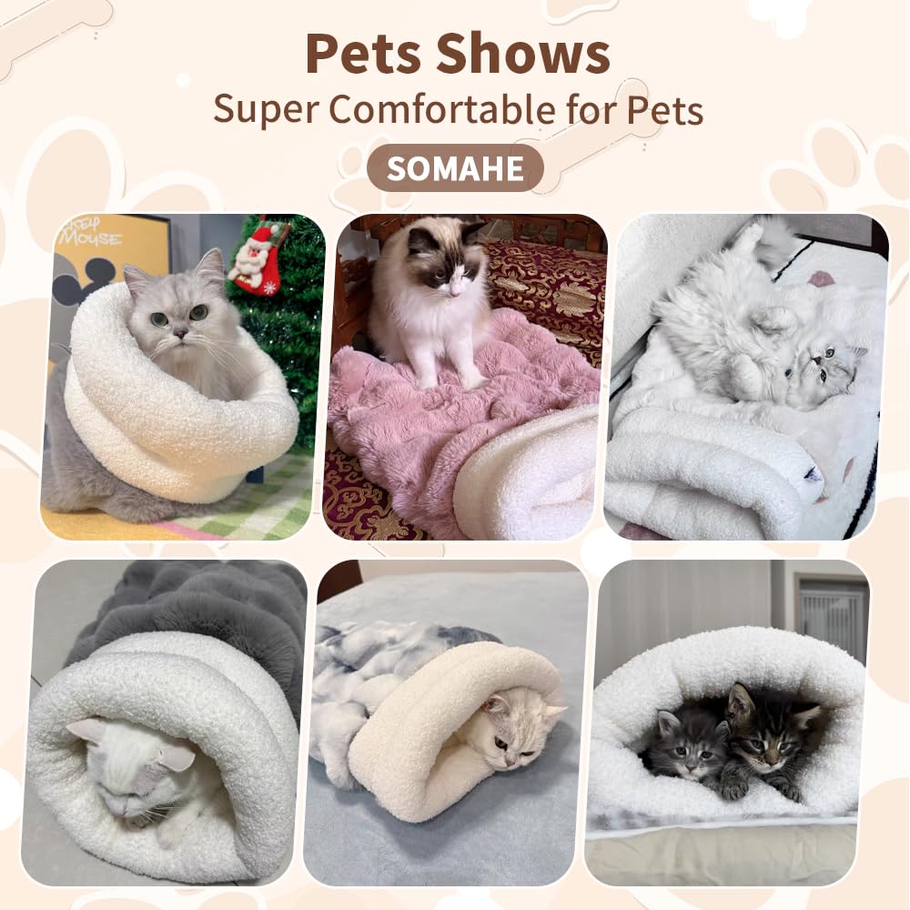 SOMAHE Self-Warming Cat Sleeping Bag, Enclosed Hooded Snuggle Sack with Dual-Side Plush Cat Cave Bed, Portable Foldable Pet Sleeping Pod for Indoor & Travel, Anti-Static, 21.7"x17.7"Pink