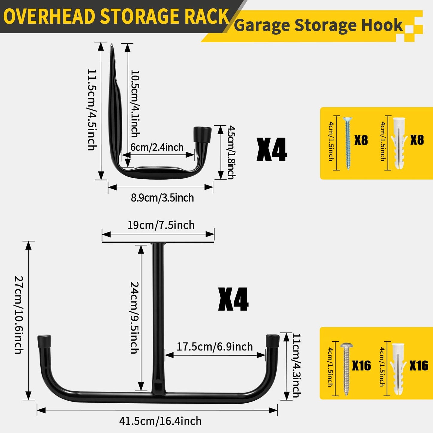 Huondonk Overhead Garage Storage Rack 4 Pack with 4 Hooks, 66Lbs & 45Lbs Capacity, Heavy-Duty 444Lbs Total Garage Ceiling Storage System