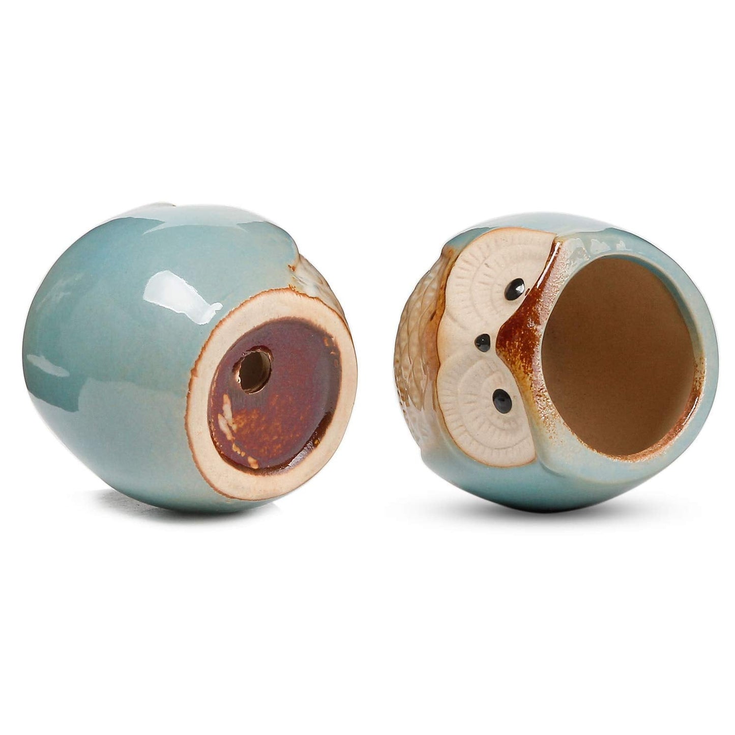 T4U 2.5 Inch Owl Ceramic Succulent Planter Pots with Bamboo Tray Set of 6, Flowing Glaze Porcelain Handicraft Plant Holder Container Gift for Mom Sister Aunt Best for Home Office Garden Decoration