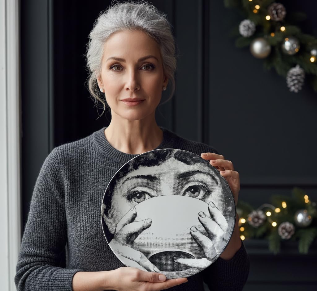 AlphaDesignLuxe 10" Italian-Style Decorative Plate – Modern Art Face Design, Handcrafted Ceramic Platter for Tabletop or Wall Display (Tea Cup)