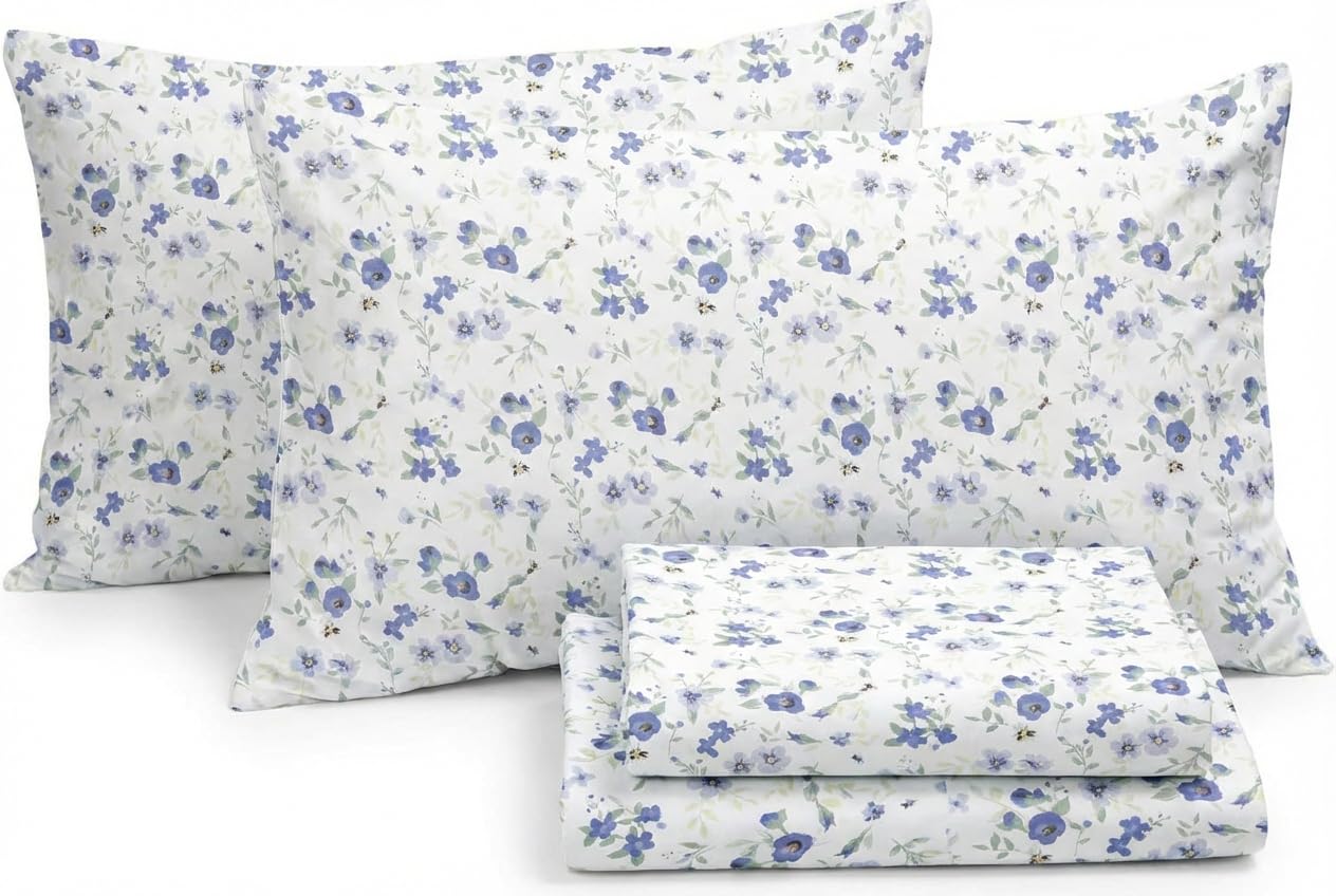 Linen Market 4 Piece Queen Sheet Set - Breathable, Double-Brushed Patterned Cooling Sheets – Ultra Soft & Wrinkle-Free 16" Deep-Pocket Queen Sheets - Easy Care Blossoms Light Blue