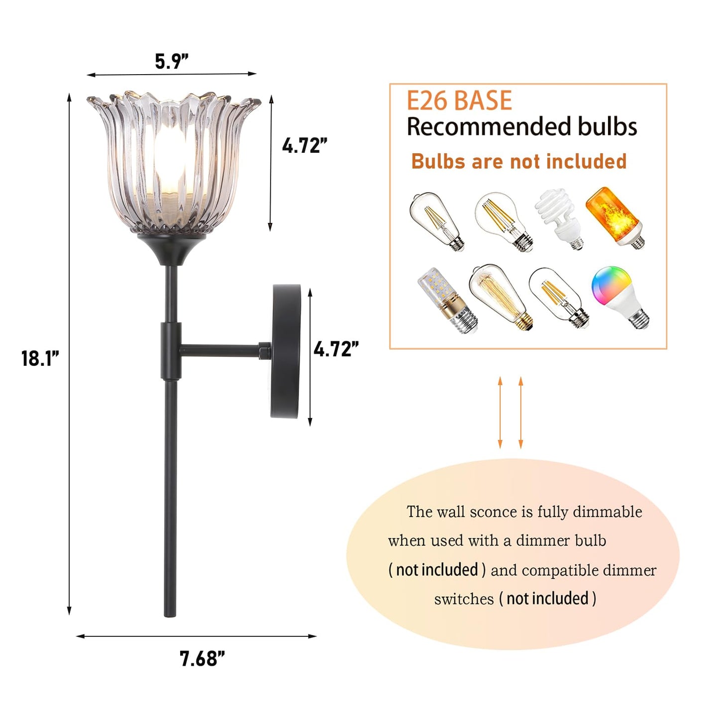 BYOLIIMA Vintage Wall Sconce Set of 2 with Smoke Gray Glass Shades Mid Century Bathroom Vanity Wall Light Fixtures Industrial Matte Black Wall Lamp for Bedroom Mirror Living Room Restaurant