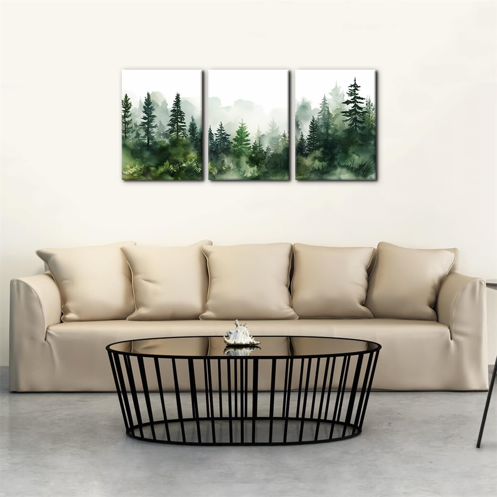 Pacimo 3 Pieces Canvas Wall Art Print Misty Forest Green Nature Mountain Painting Wall Decor for Living Room Home Decoration Natural Landscape Gallery Wrapped Posters and Prints - 12"x16"x3
