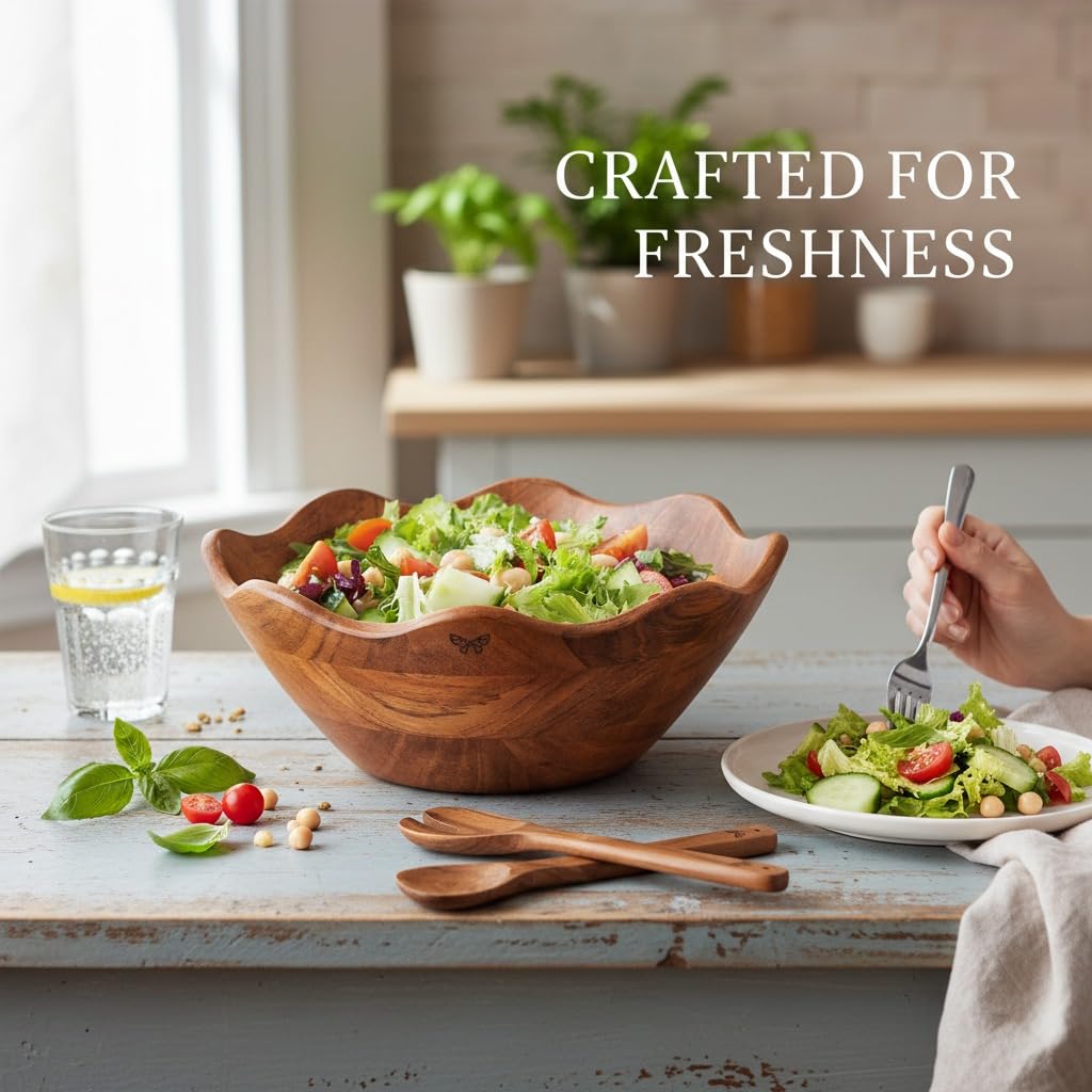 Melvvi Large Wooden Salad Bowl Set with 2 Serving Utensils | 12" Acacia Wood Bowls for Food | Great Mothers Day gift (Natural Set of 3)