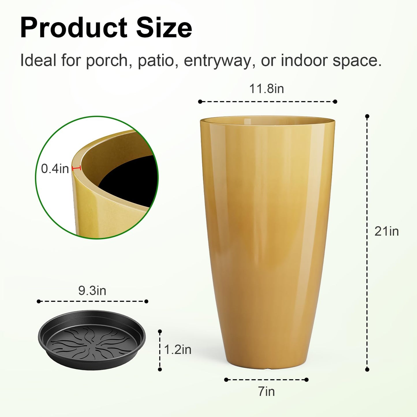 QCQHDU 21 inch Tall Planters for Outdoor & Indoor Plants, 2 Pack Sturdy Plant-Flower-Tree Pots for Front Porch Patio Deck Living Room Decor, Golden