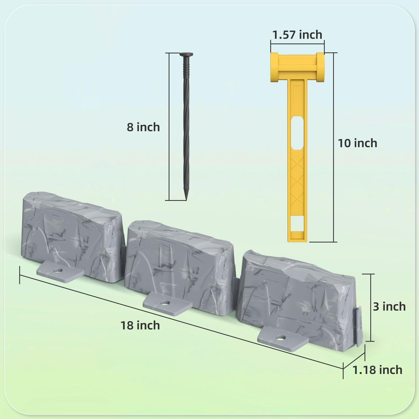 16 Pack(24FT) No Dig Landscape Edging with 48 Spikes,3 Inch Tall Stone Gray Faux Stone Edging for Landscaping,Garden,Flower Beds,Grass,Yard,Paver,Pathway Decorative Fence