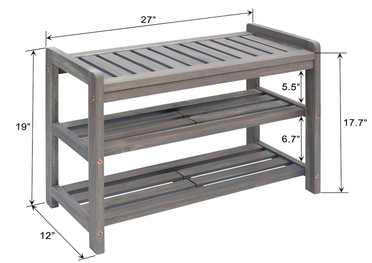 APPAFUN 27-Inch Wooden Shoe Bench for Entryway, 3-Tier Storage Organizer, Rustic Shoe Rack Bench for Narrow Spaces, Brush Grey