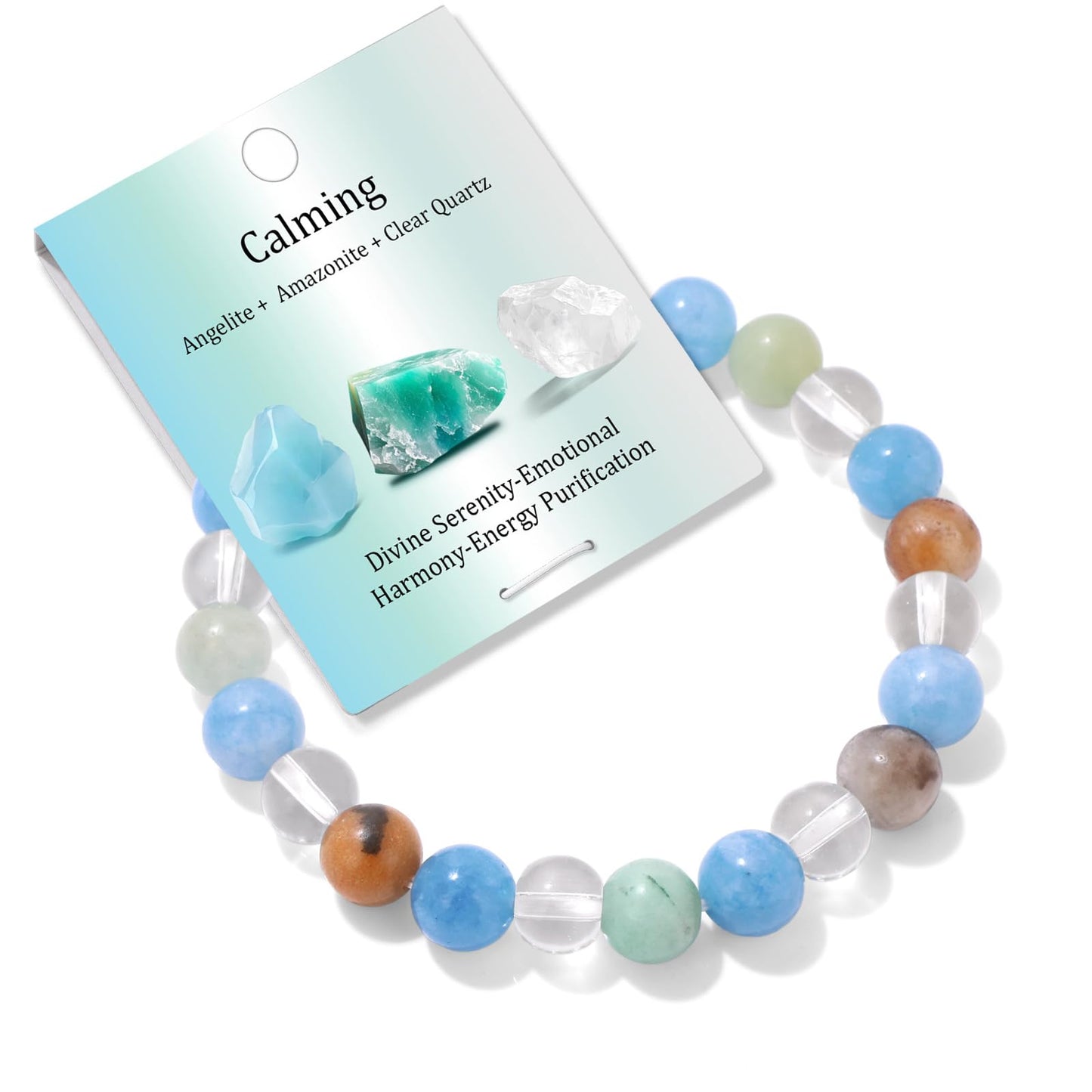 Bolinailo Healing Crystal Calming Bracelet 8mm Crystal Beaded Bracelet for Women Men Natural Stones of Angelite, Amazonite and Clear Quartz Handmade Gemstone Reiki Spiritual Jewelry Gifts