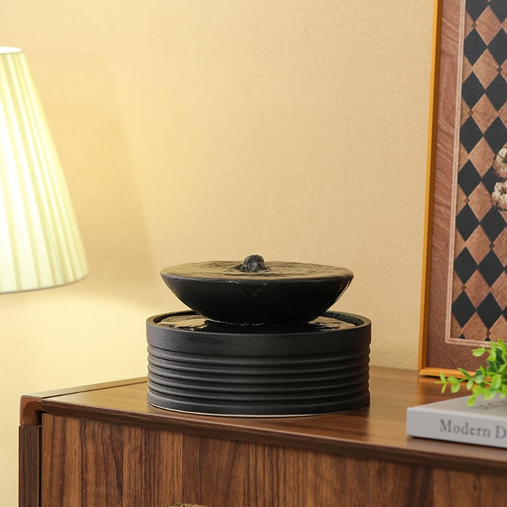 Outdoor and Indoor Ceramic Tabletop Desktop Fountain Water Feature Home and Office Decoration (Black A193)