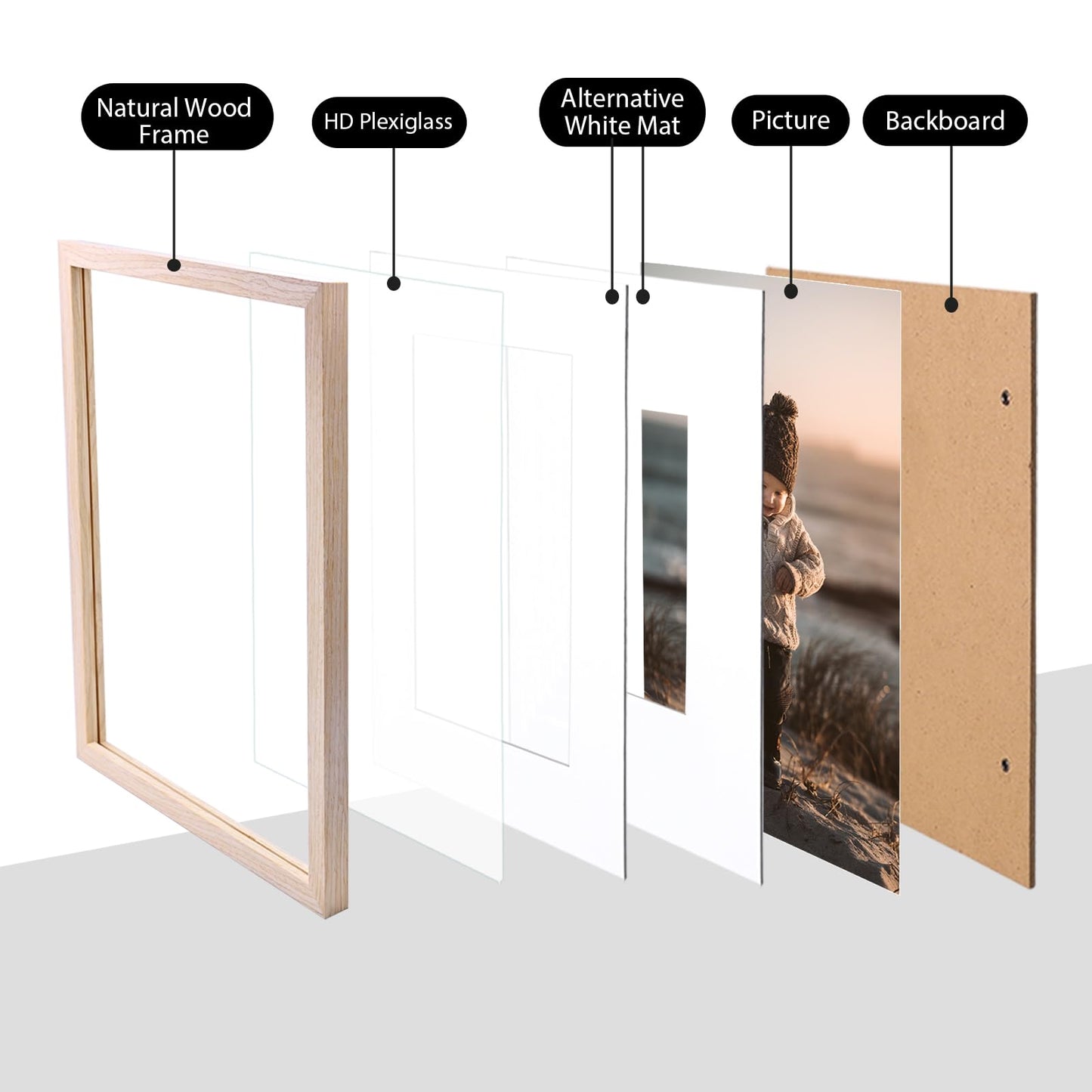 KINLINK 11x14 Picture Frame Natural, Solid Wood Frames 14x11 with Acrylic Plexiglass for Pictures 5x7/8x10 with Mat or 11x14 without Mat, Tabletop and Wall Display Photo Frame Set of 4