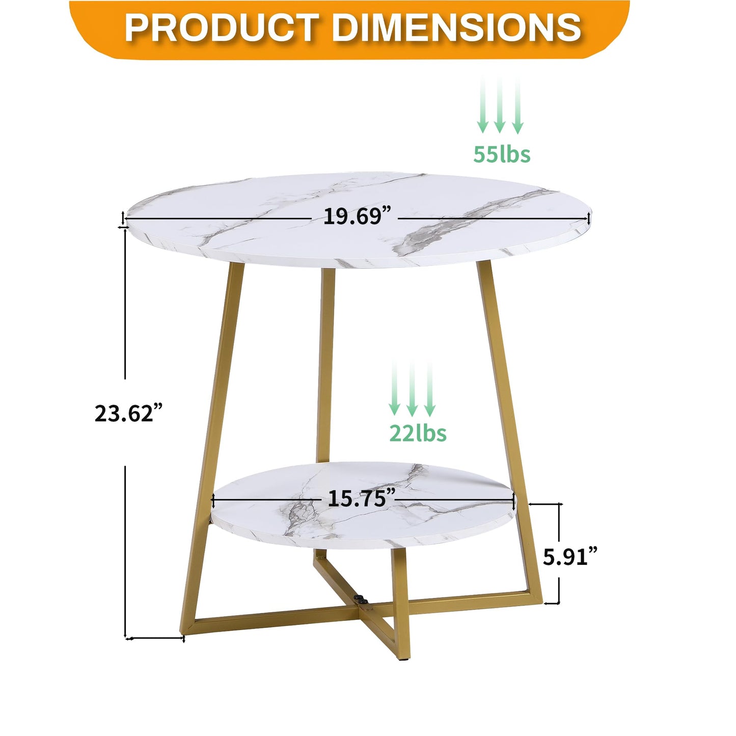 D&H FURNIMMT 20" Living Room Side Table for Small Spaces, 2 Tier Wood Top Round End Tables with Storage Shelf, Accent Sofa Table for Bedroom, Office, Sunroom, Balcony, White Faux Marble/Gold